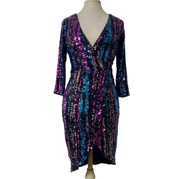 AQUA Sequin Shiny Faux Wrap Cocktail Midi Evening Dress Size 6 Birthday Special - Picture 1 of 15